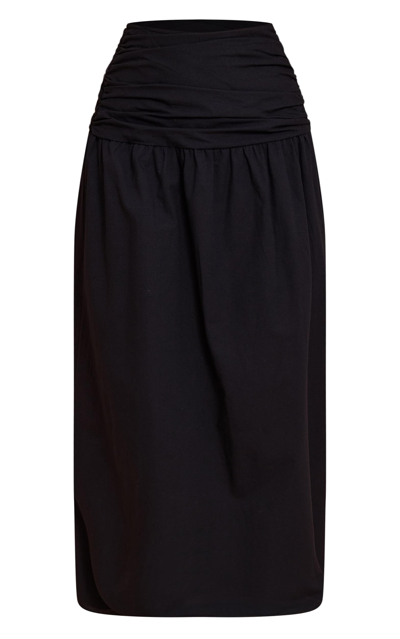 Black Cotton Ruched Waist Maxi Skirt Product Image