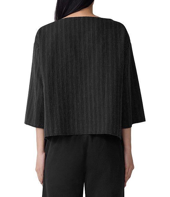 Eileen Fisher Organic Cotton Blend Yarn-Dyed Stripe Boat Neck 3/4 Sleeve Box Top Product Image