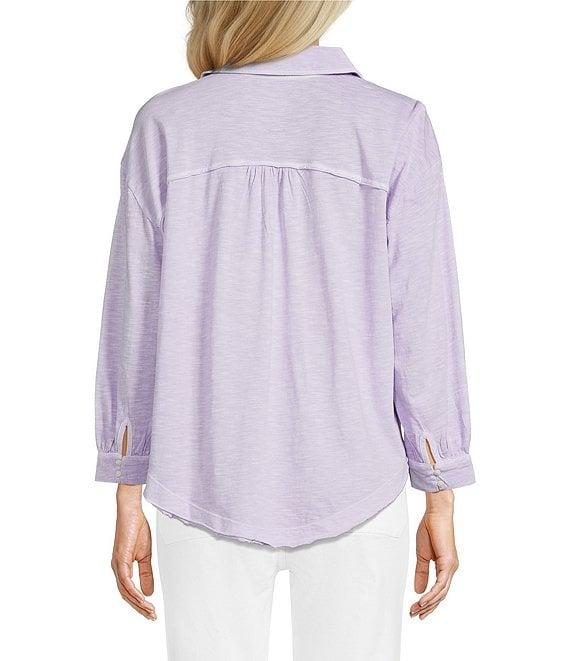 Westbound 3/4 Sleeve V Neck Collared Slub Knit Top Product Image