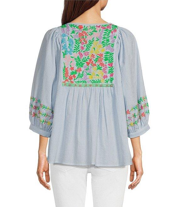 Tru Luxe Jeans Embroidered Split V-Neck 3/4 Sleeve Popover Top Product Image