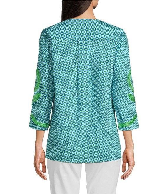 Calessa Petite Size Embroidered Retro Printed Split V-Neck 3/4 Sleeve Tunic Product Image