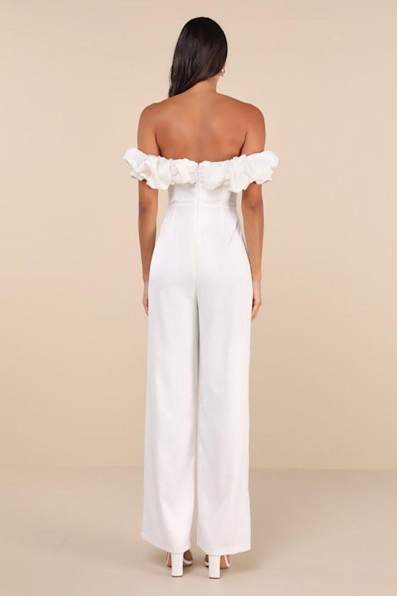 Immense Glamour White Satin Ruffled Off-the-Shoulder Jumpsuit Product Image