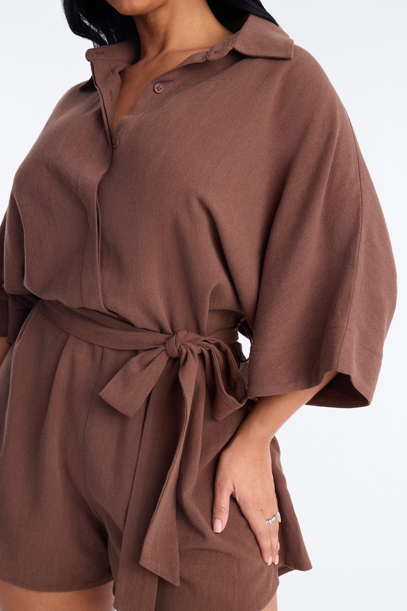 Charlotte Linen Romper - Chocolate Female Product Image