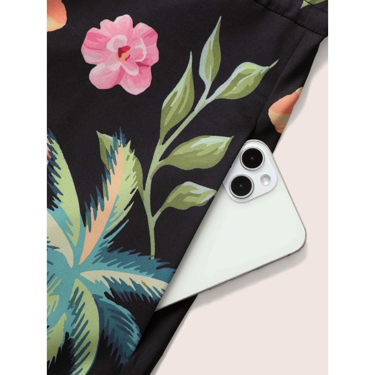 Plus Size Boho Print Overlap Collar Drawstring Dress Black Women Resort Drawstring Overlap Collar Short sleeve Curvy BloomChic 14-16/1X Product Image