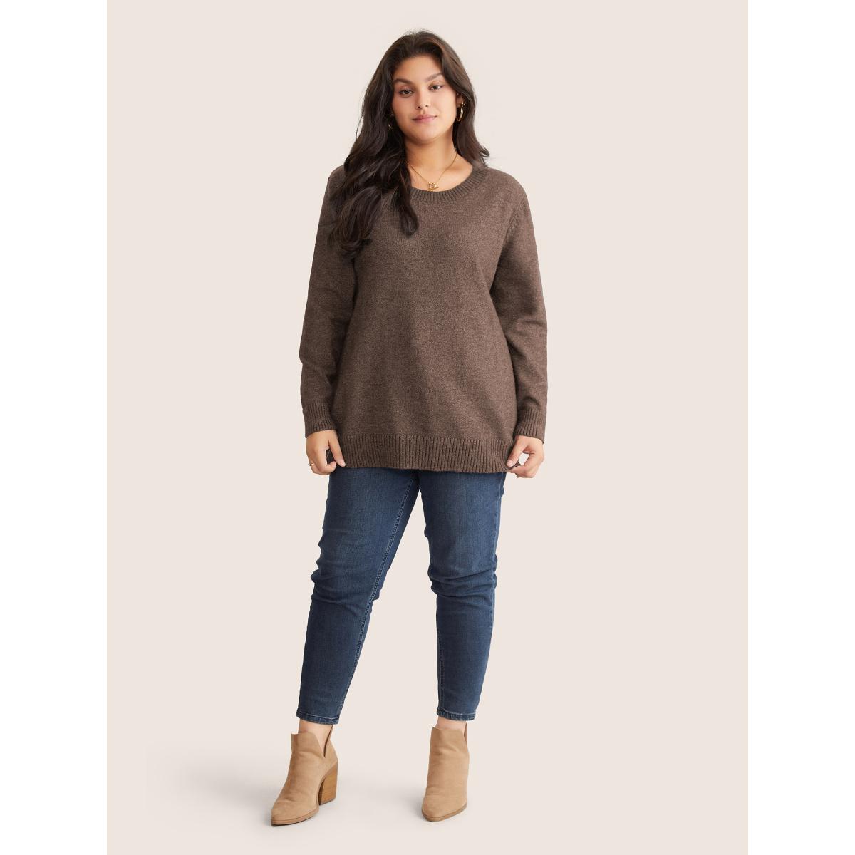 Plus Size Supersoft Essentials Solid Heather Twist Back Pullover DarkBrown Women Casual Long Sleeve Round Neck Everyday Pullovers BloomChic 26/4X Product Image