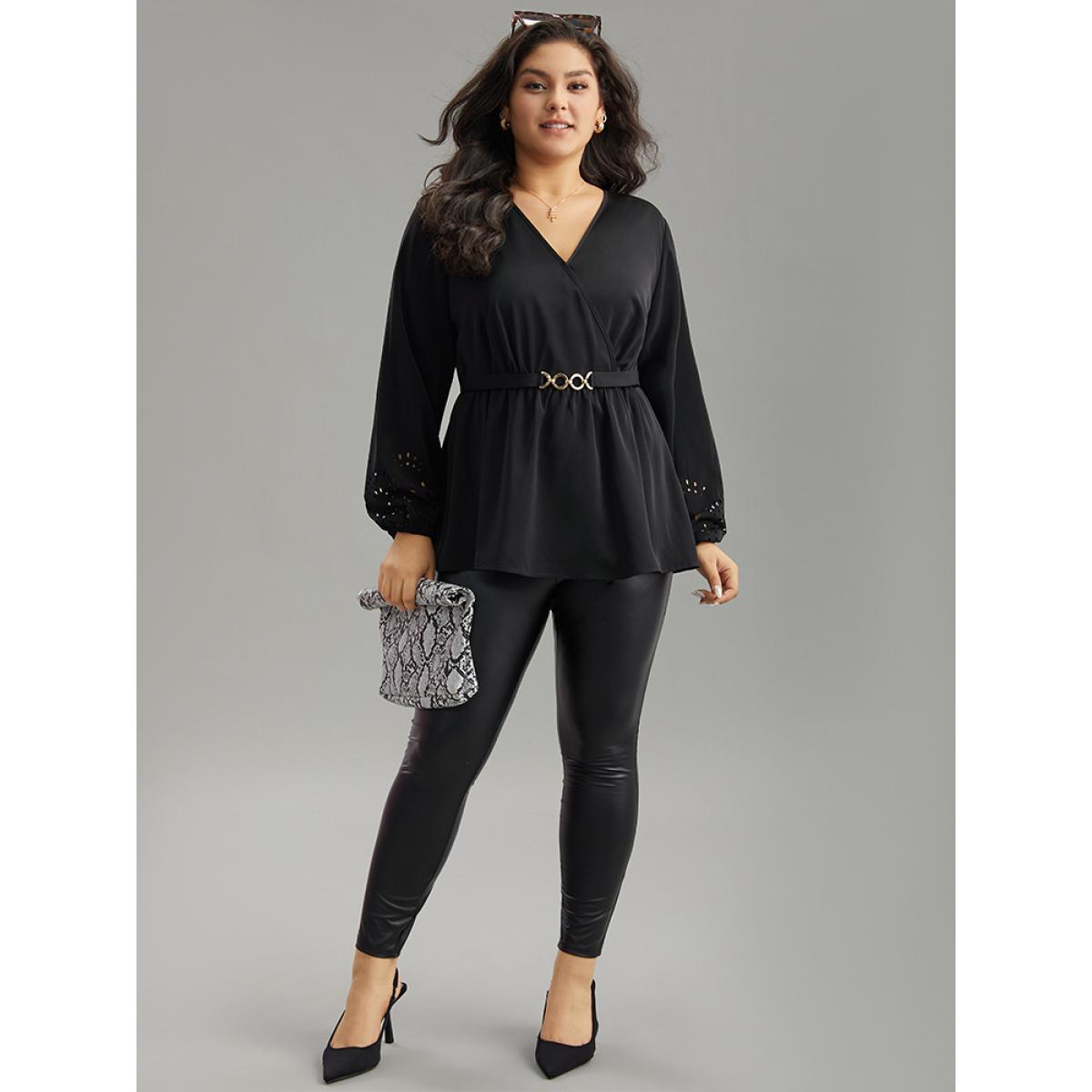 Plus Size Black Plain Elastic Waist Buckle Detail Wrap Blouse Women Office Long Sleeve V-neck Office Blouses BloomChic 14-16/1X Product Image