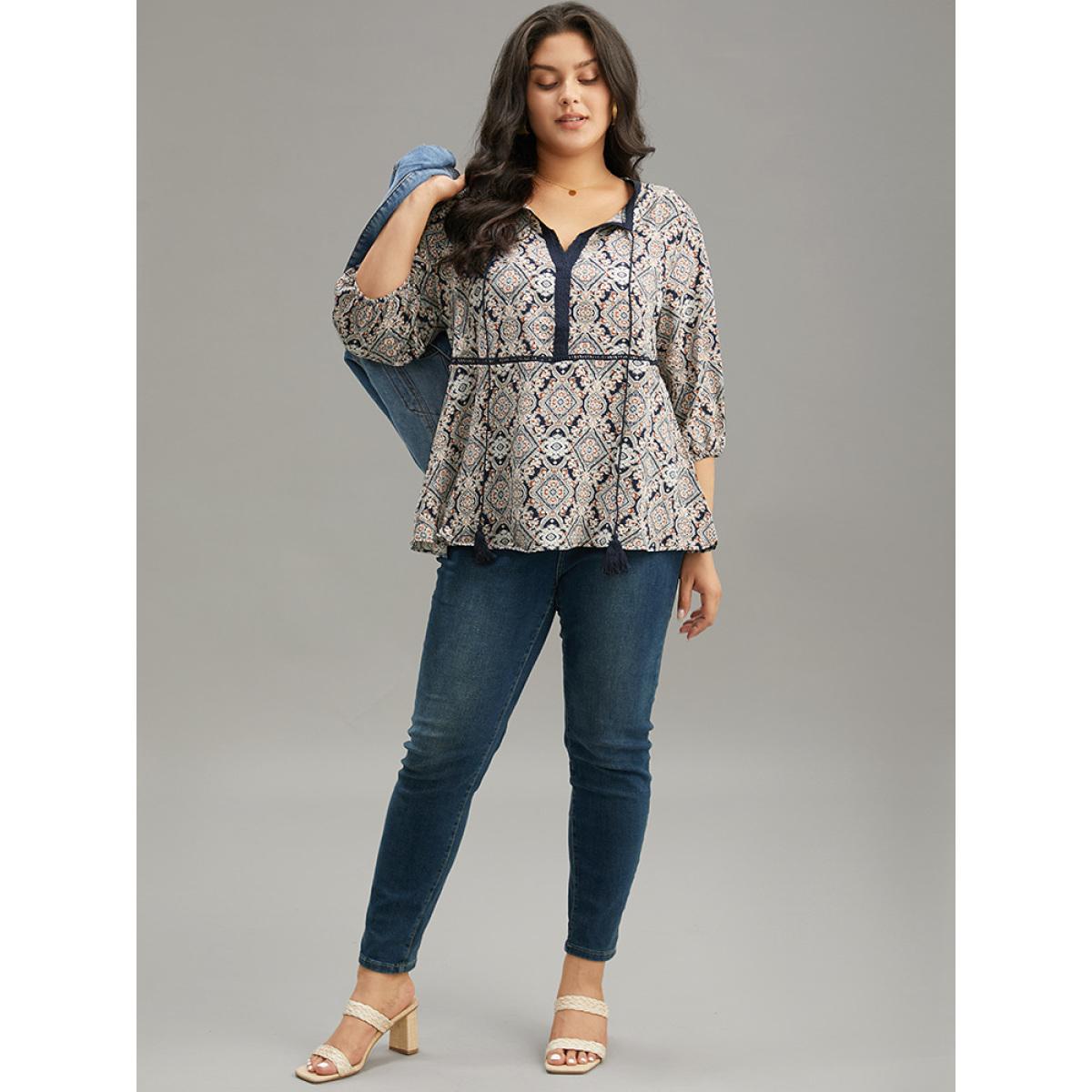 Plus Size Indigo Moroccan Print Tassels Ties Elastic Cuffs Blouse Women Resort Elbow-length sleeve Tie Neck Vacation Blouses BloomChic 14-16/1X Product Image
