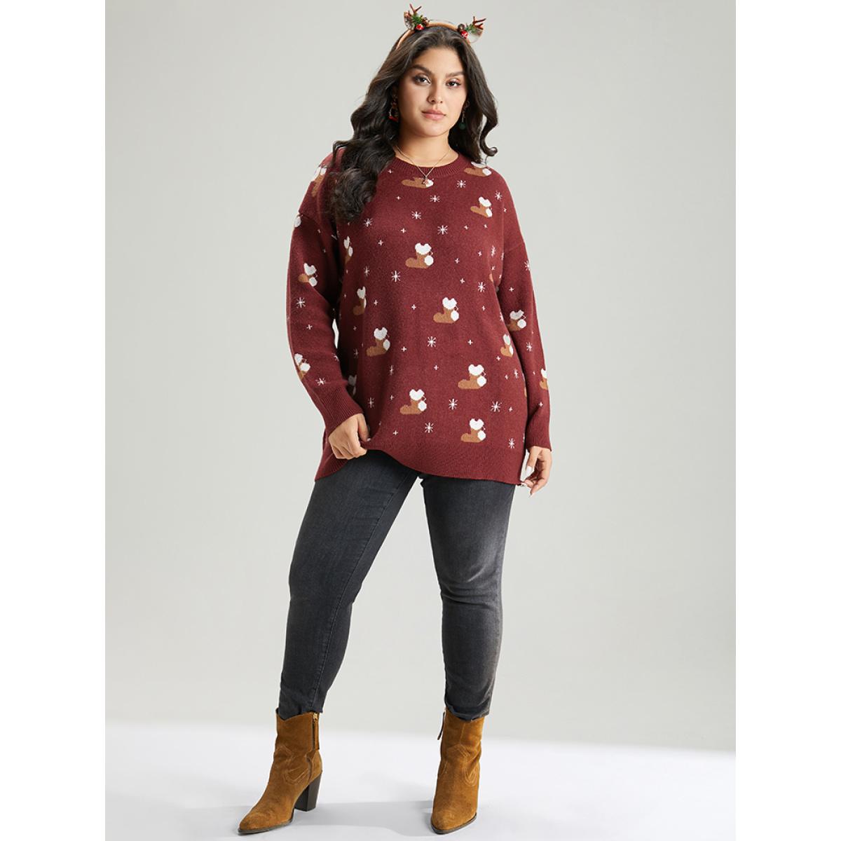 Plus Size Supersoft Essentials Christmas Print Star Round Neck Pullover Scarlet Women Casual Loose Long Sleeve Round Neck Festival-Christmas Pullovers BloomChic 28/5X Product Image