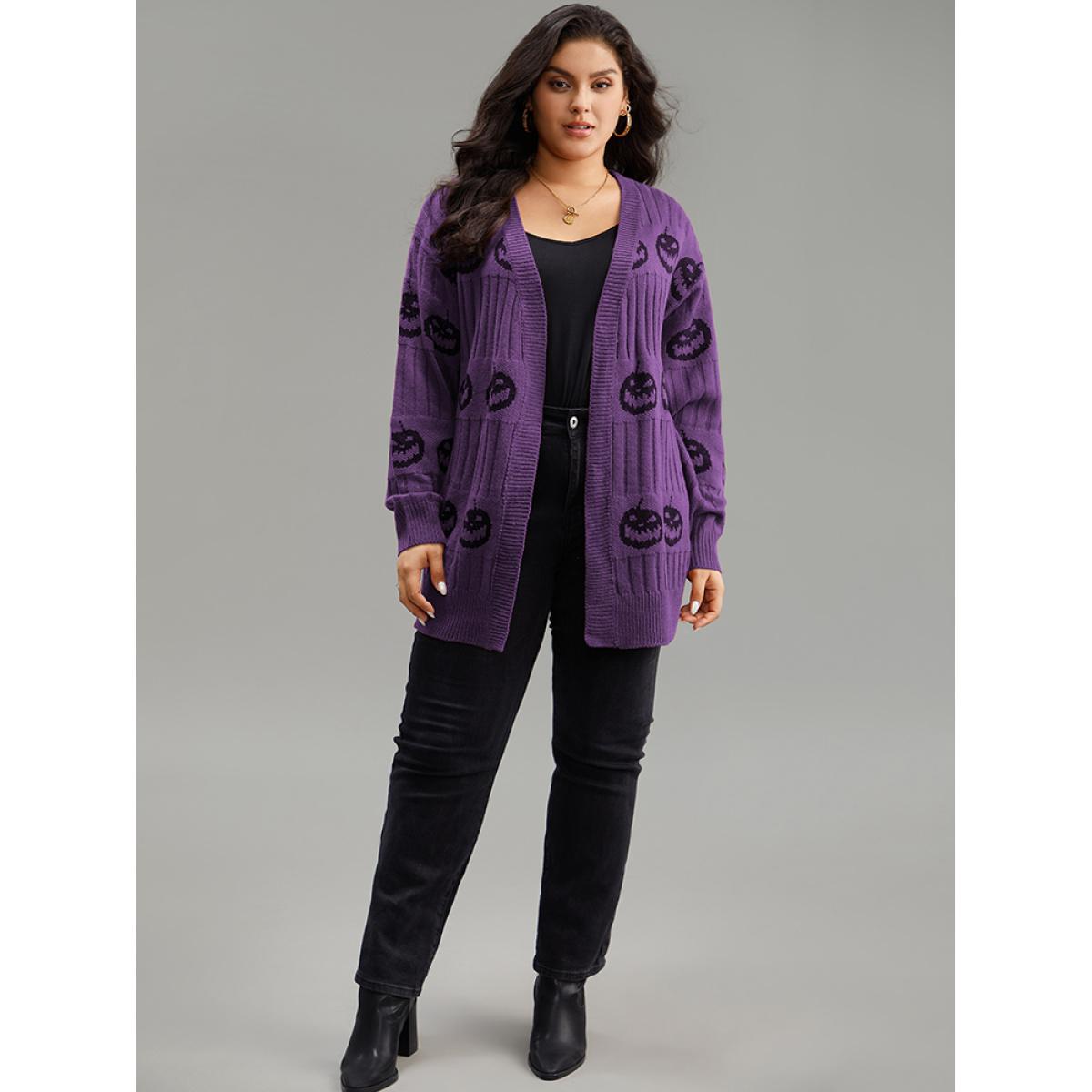 Plus Size Halloween Pumpkin Graphic Open Front Cardigan Purple Women Casual Loose Long Sleeve Festival-Halloween Cardigans BloomChic 28/5X Product Image