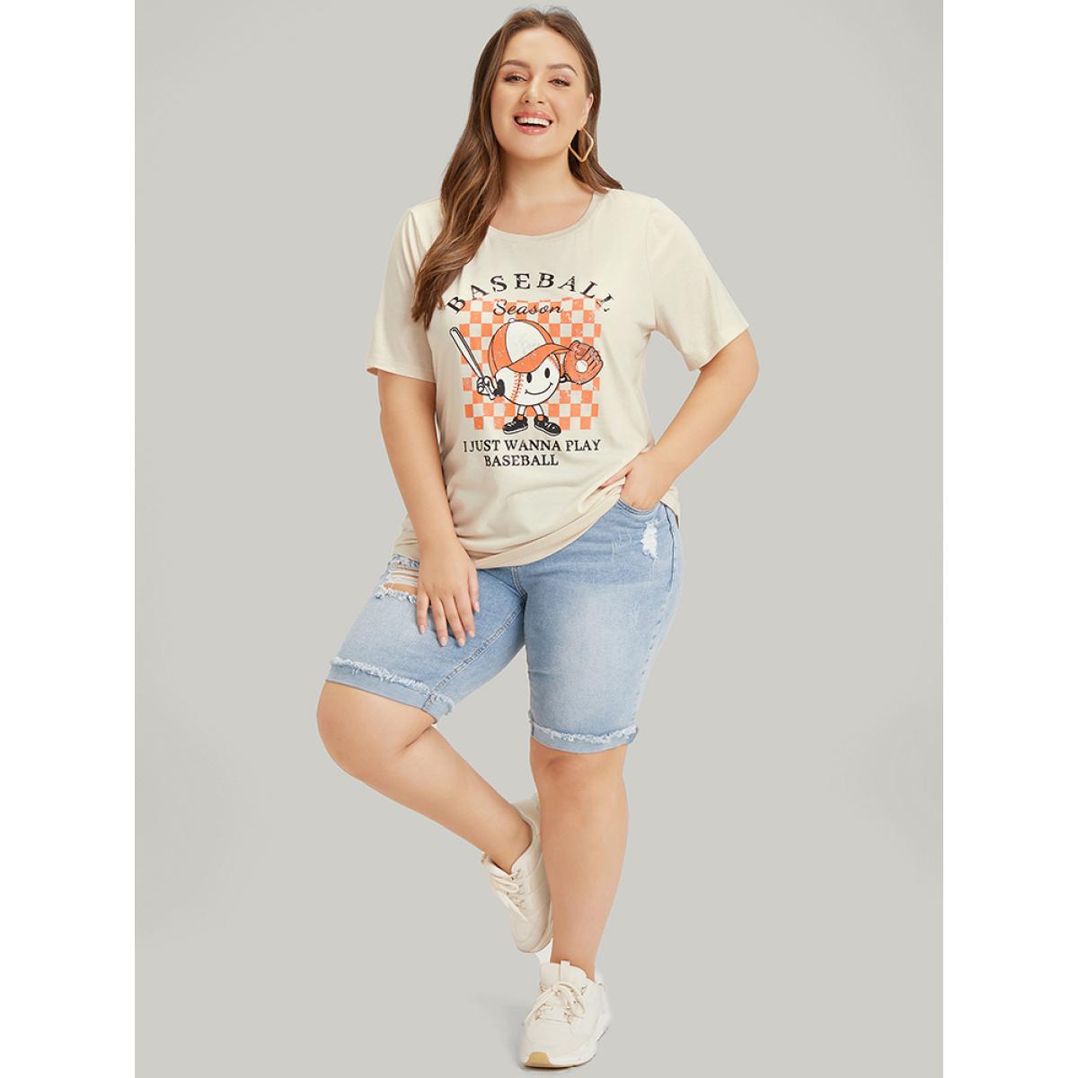 Plus Size Cartoon & Letter Print Crew Neck Graphic T-shirt Apricot Women Casual POP culture Dailywear T-shirts BloomChic 28/5X Product Image