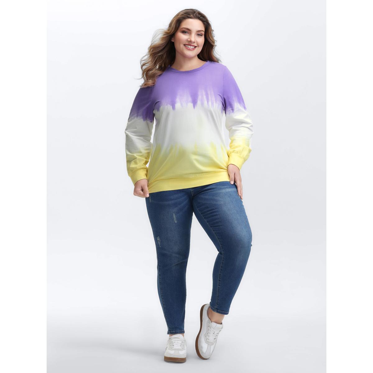 Plus Size Cotton Dip Dye Stretchy Hem Sweatshirt Women Multicolor Playful Round Neck Casual Sweatshirts BloomChic 22-24/3X Product Image