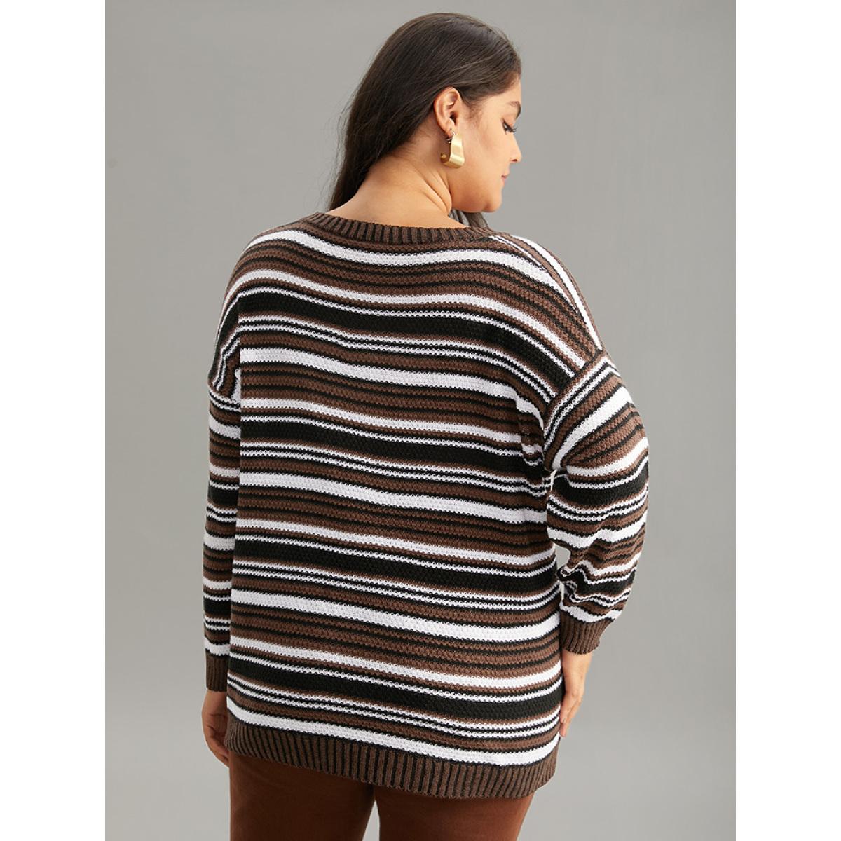 Plus Size Striped Contrast Crew Neck Drop Shoulder Pullover DarkBrown Women Casual Loose Long Sleeve V-neck Everyday Pullovers BloomChic 10/M Product Image