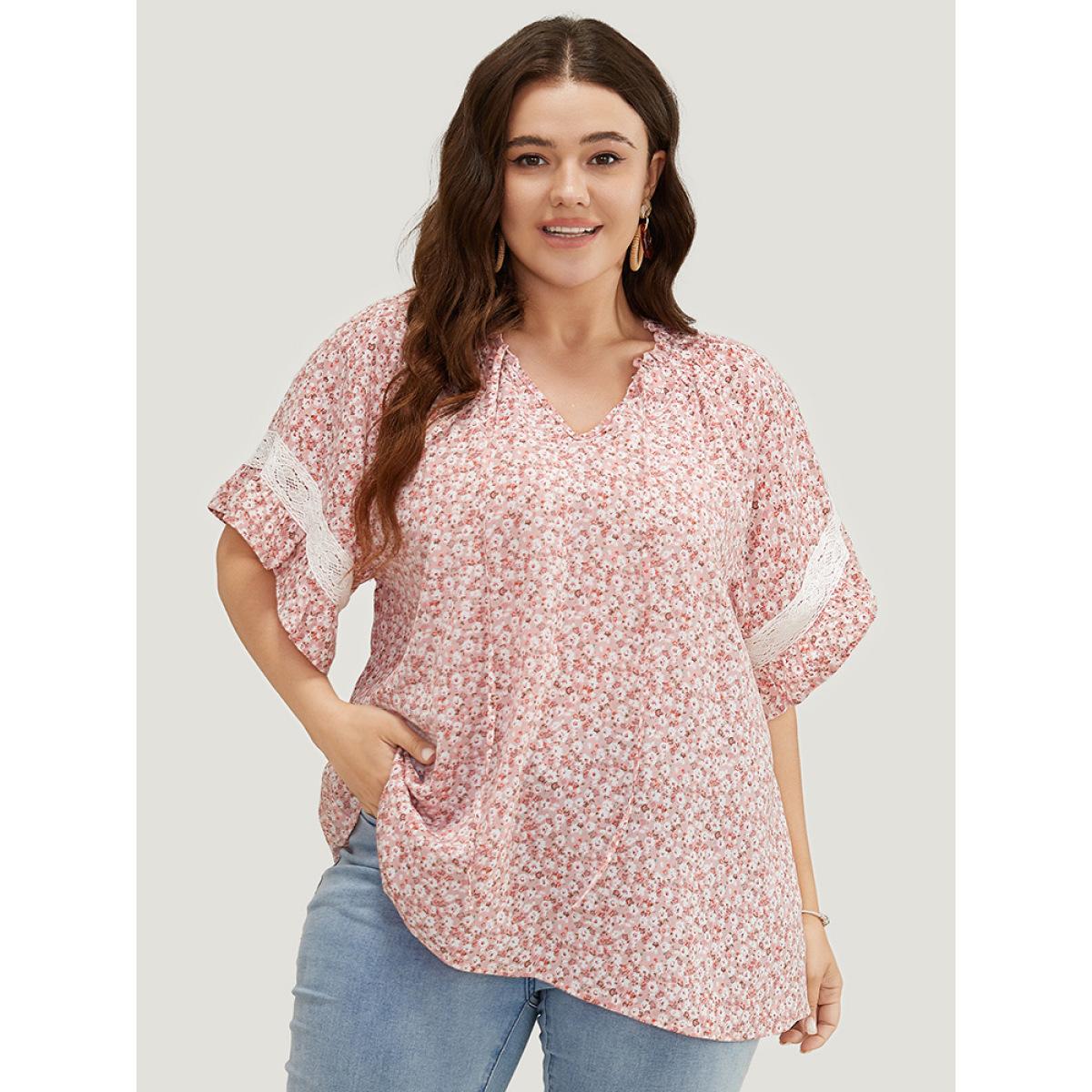 Plus Size Crepe Ditsy Floral Frill Trim Lace Ruffle Sleeve Tie Neck Blouse Women Elegant Short sleeve Tie Neck Dailywear Blouses BloomChic 18-20/2X Product Image