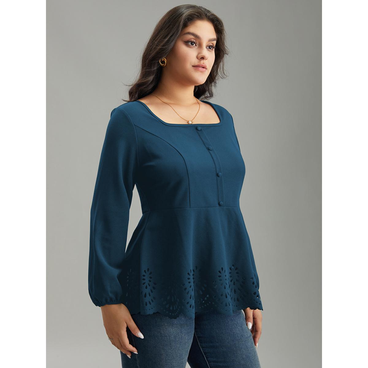 Plus Size Cyan Plain Laser Cut Button Detail Blouse Women Elegant Long Sleeve Square Neck Dailywear Blouses BloomChic 26/4X Product Image