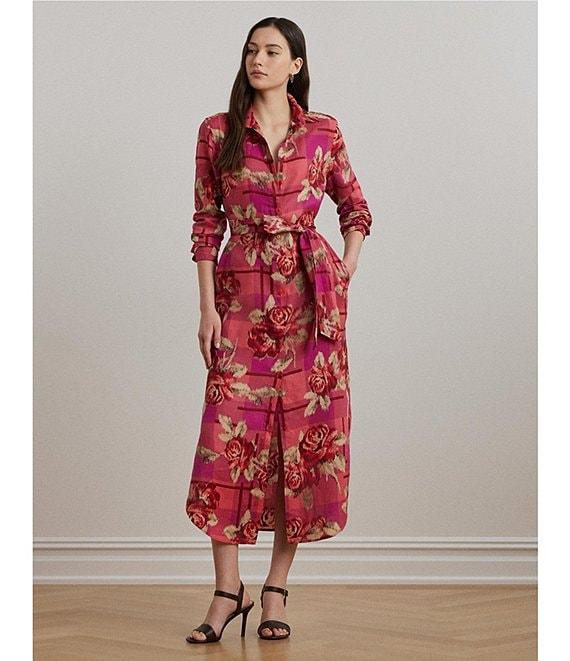 Lauren Ralph Lauren Linen Floral Print Checked Belted Point Collar Shirt Maxi Dress Product Image