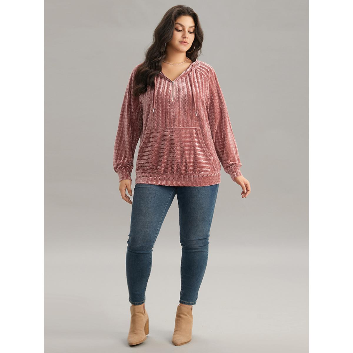 Plus Size Textured Sequin Velvet Half Zip Pocket Sweatshirt Women DustyPink Casual Velvet Hooded Everyday Sweatshirts BloomChic 10/M Product Image