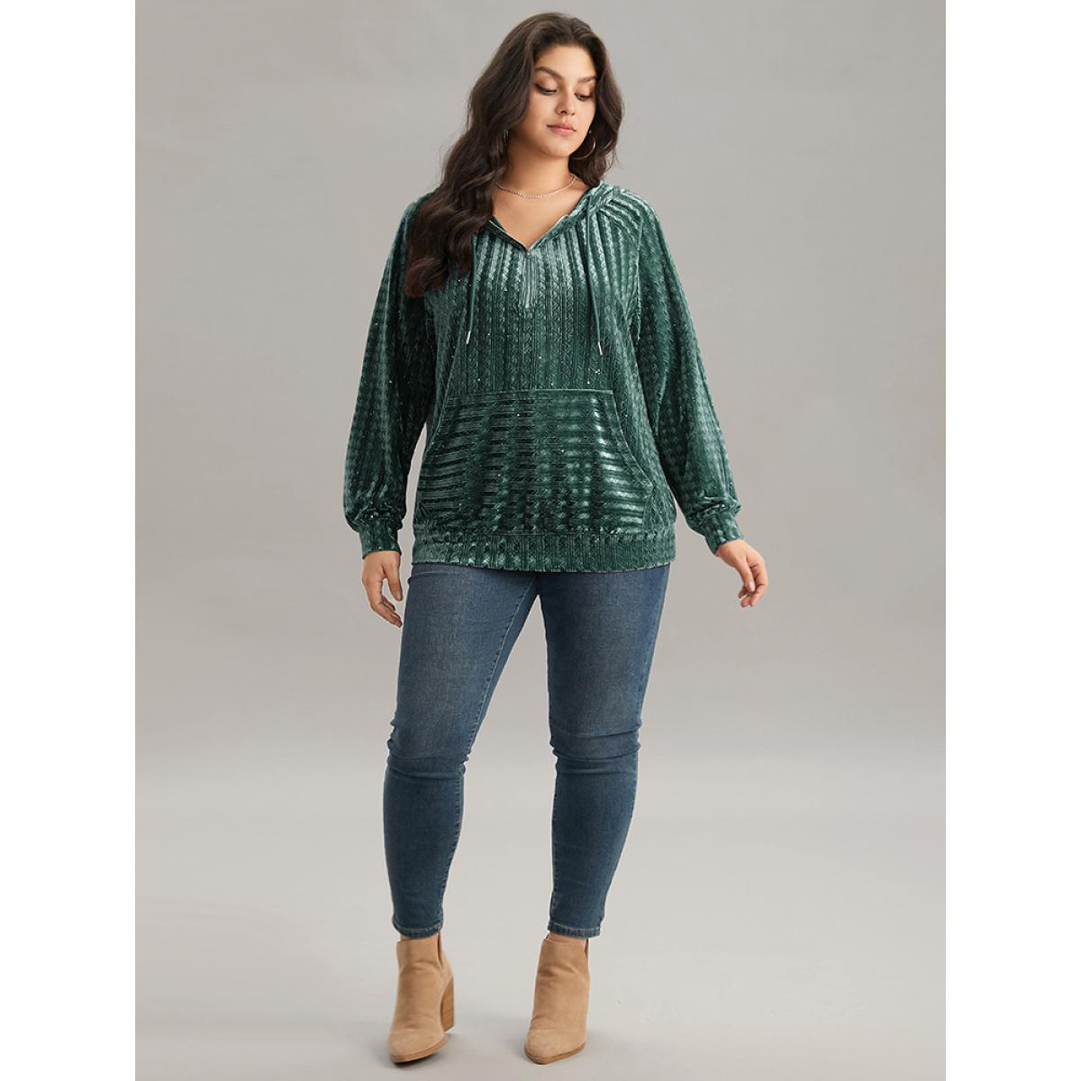 Plus Size Textured Sequin Velvet Half Zip Pocket Sweatshirt Women Green Casual Velvet Hooded Everyday Sweatshirts BloomChic 28/5X Product Image