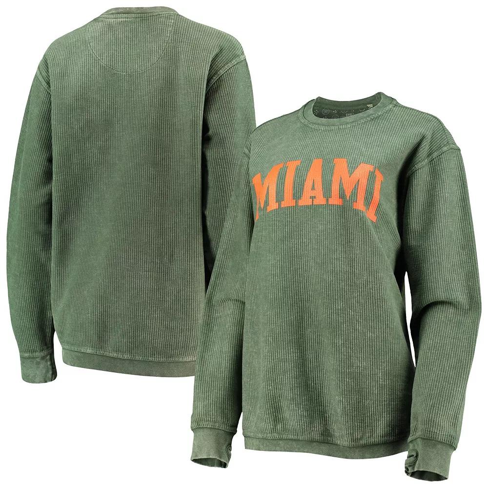 Women's Pressbox Green Miami Hurricanes Comfy Cord Vintage Wash Basic Arch Pullover Sweatshirt Product Image