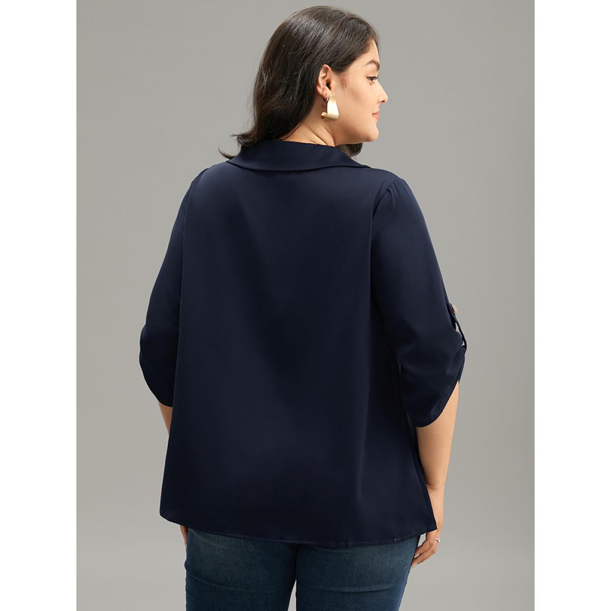 Plus Size Indigo Plain Shirt Collar Roll Tab Sleeve Blouse Women Office Elbow-length sleeve Shirt collar Work Blouses BloomChic 30/6X Product Image