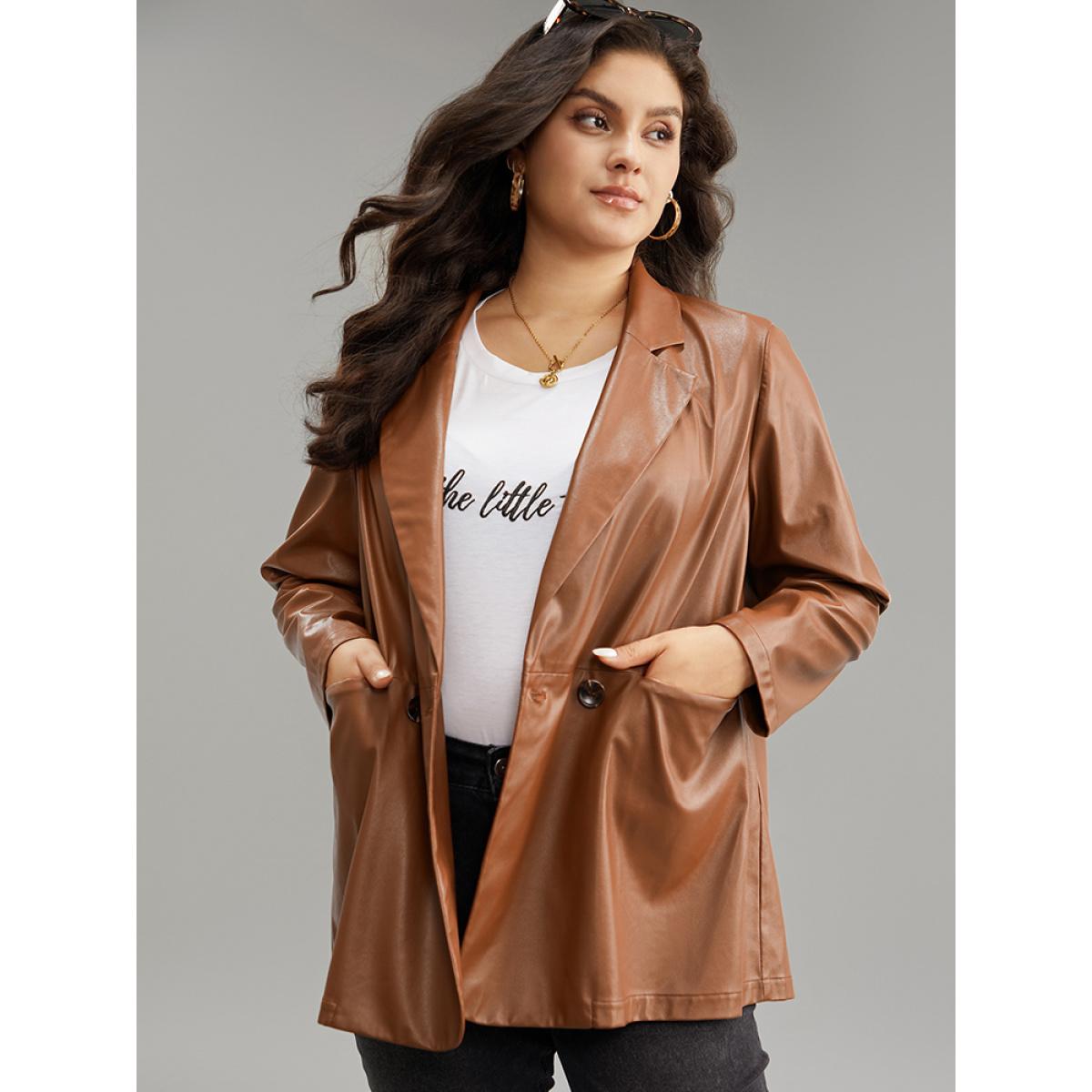 Plus Size Lapel Collar Pocket Button Up Blazer Tan Women Dailywear Plain Plain Sleeve Long Sleeve Lapel Collar 22-24/3X Pocket Casual Blazers BloomChic Product Image
