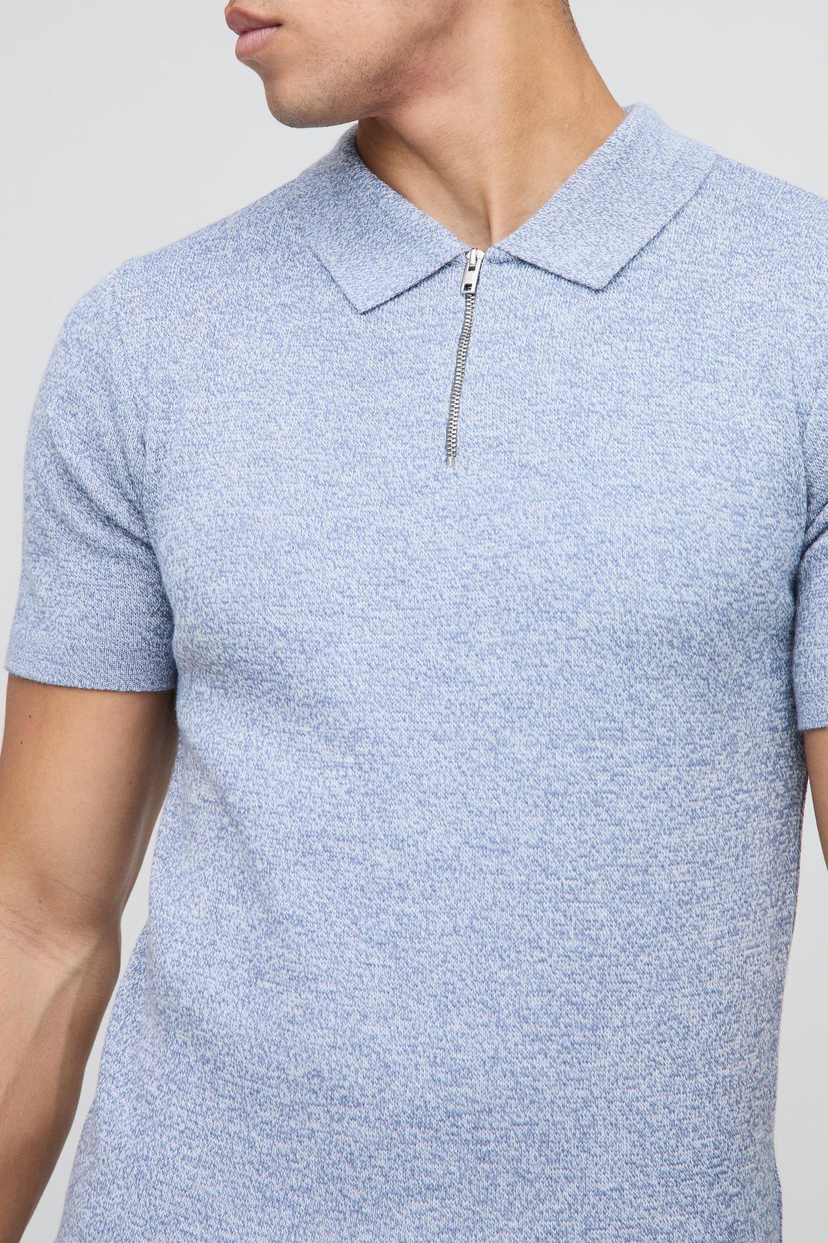 Muscle Fit Zip Neck Colour Twist Knitted Polo | boohooMAN USA Product Image