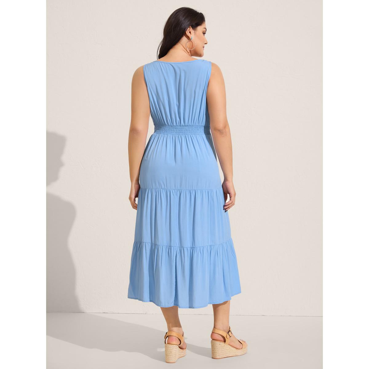 Plus Size Lace Trim Neck Tie Solid Midi Dress LightBlue Women Boho Square Neck Sleeveless Curvy BloomChic 10/M Product Image