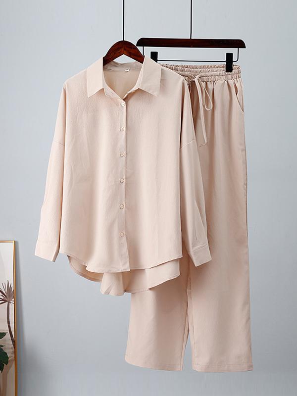 Solid Color High-Low Long Sleeves Lapel Blouses + Drawstring Pants Two Pieces Set Product Image