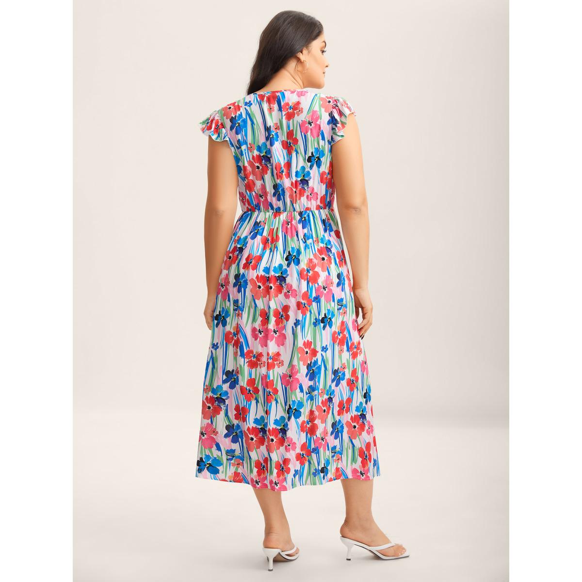 Plus Size Rayon Floral Print Surplice Pockets Midi Dress Multicolor Women Overlap Collar Cap Sleeve Curvy BloomChic 30/6X Product Image
