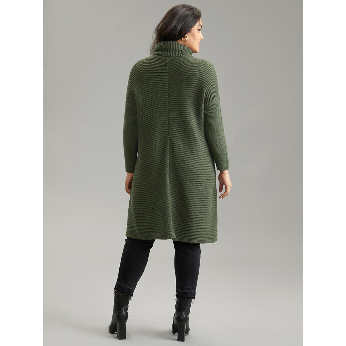 Plus Size Turtle Neck Plain Asymmetrical Hem Drop Shoulder Pullover ArmyGreen Women Casual Loose Long Sleeve Turtleneck Dailywear Pullovers BloomChic 14-16/1X Product Image