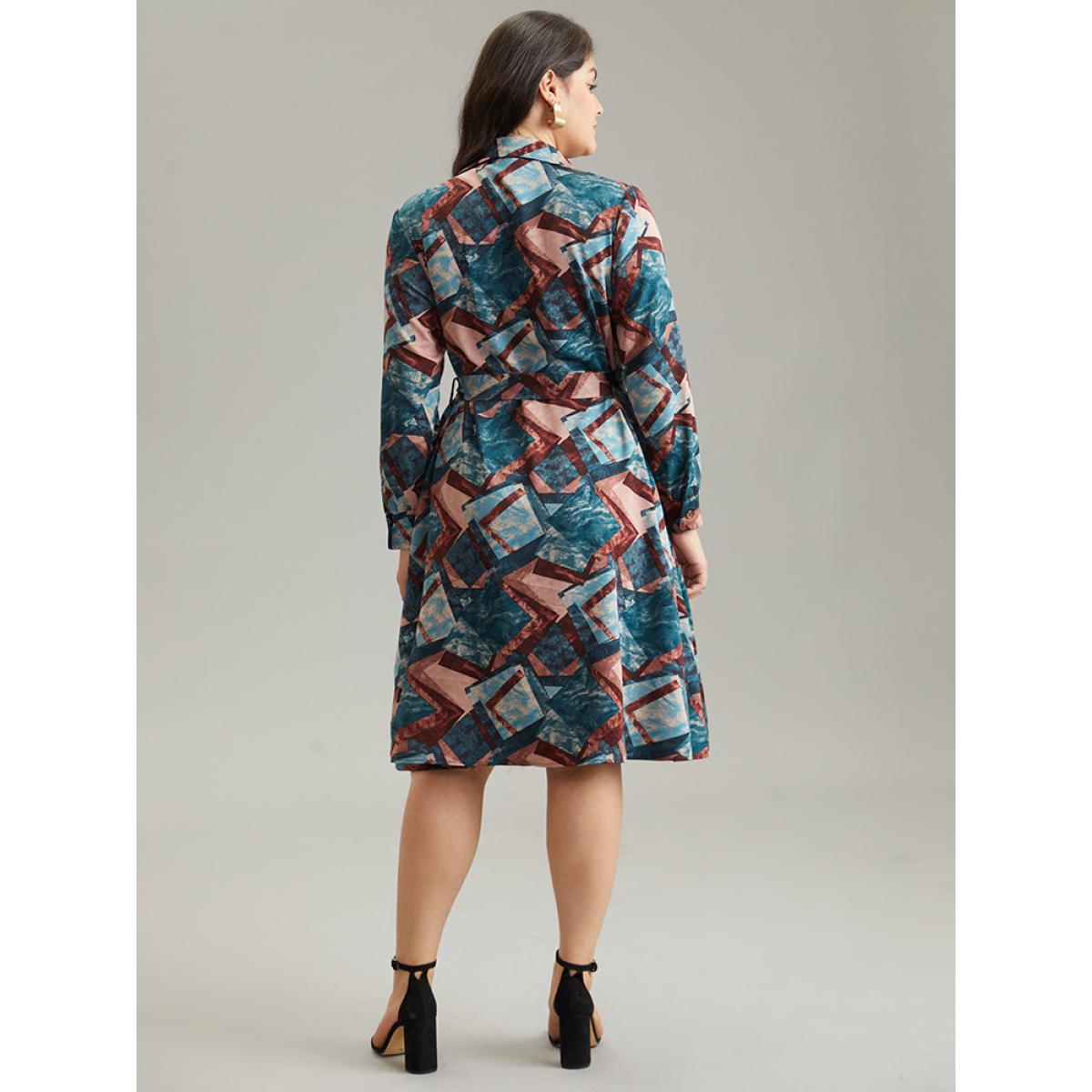 Plus Size Geometric Colorblock Button Through Belted Dress Aegean Women Office Belted Shirt collar Long Sleeve Curvy Midi Dress BloomChic 12/L Product Image