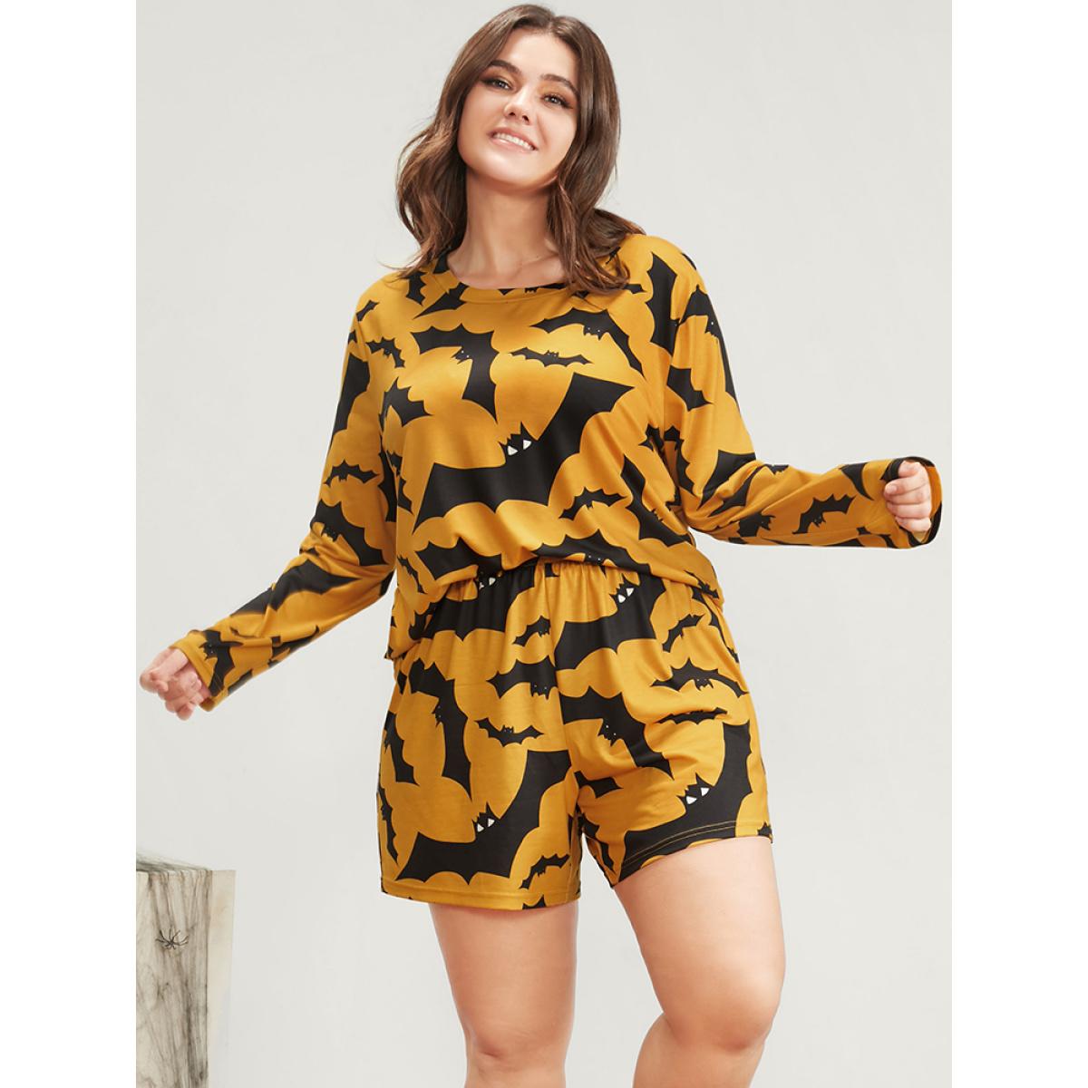 Plus Size Halloween Bat Print Pajama Set Women Orange Graphic-Halloween Printed Long Sleeve Round Neck Casual Loungewear Sets BloomChic 26/4X Product Image