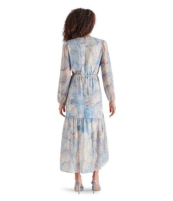 Steve Madden Renata Lurex Chiffon Printed V Neck Long Sleeve High Low Midi Dress Product Image