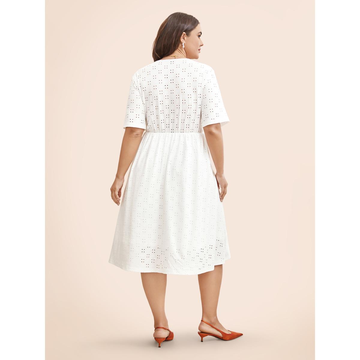 Plus Size Solid Pocket Laser Cut Surplice Neck Knee Dress Ivory Women Elegant Pocket V-neck Short sleeve Curvy Knee Dress BloomChic 28/5X Product Image
