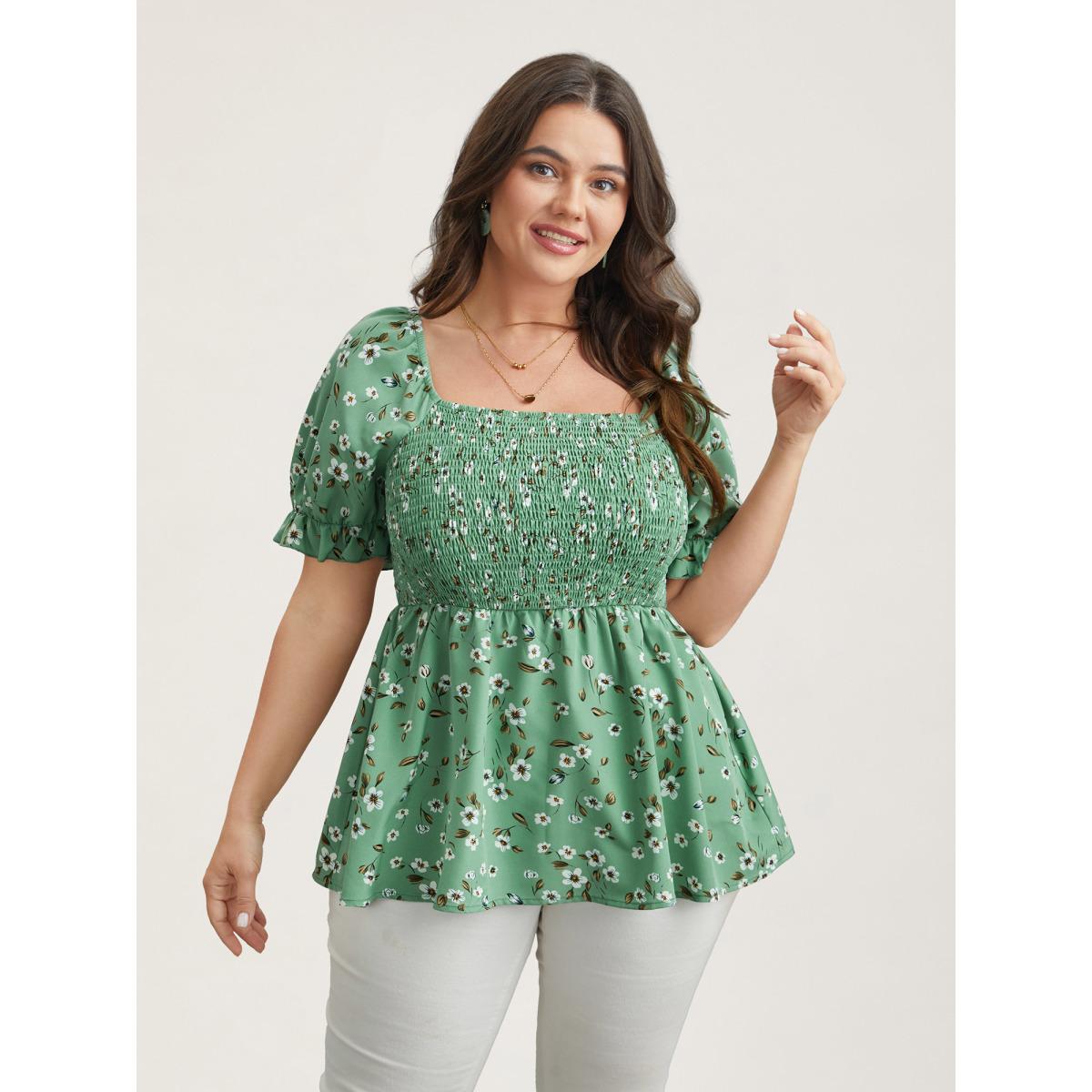 Plus Size Greenbean Floral Print Smocked Stretchy Waist Shirt Women Elegant Short sleeve Square Neck Everyday Blouses BloomChic 22-24/3X Product Image