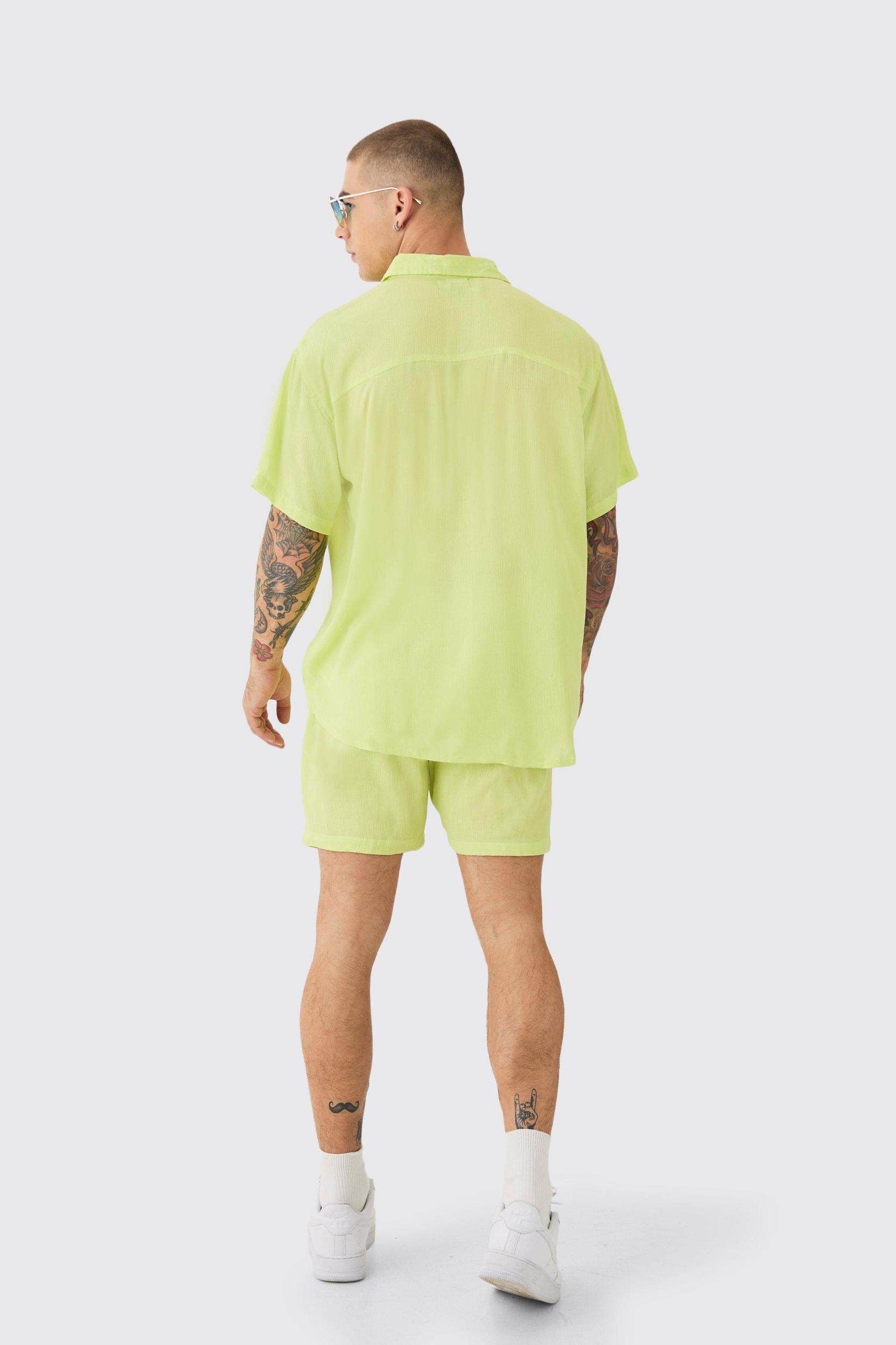 Oversized Short Sleeve Cheese Cloth Shirt And Short Set | boohooMAN USA Product Image