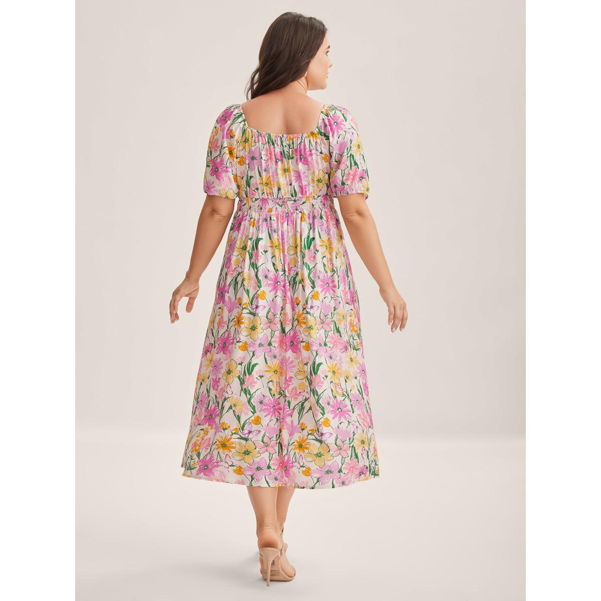 Plus Size Sweet Floral Print Square Neck Midi Dress Lilac Women Square Neck Short sleeve Curvy BloomChic 12/L Product Image