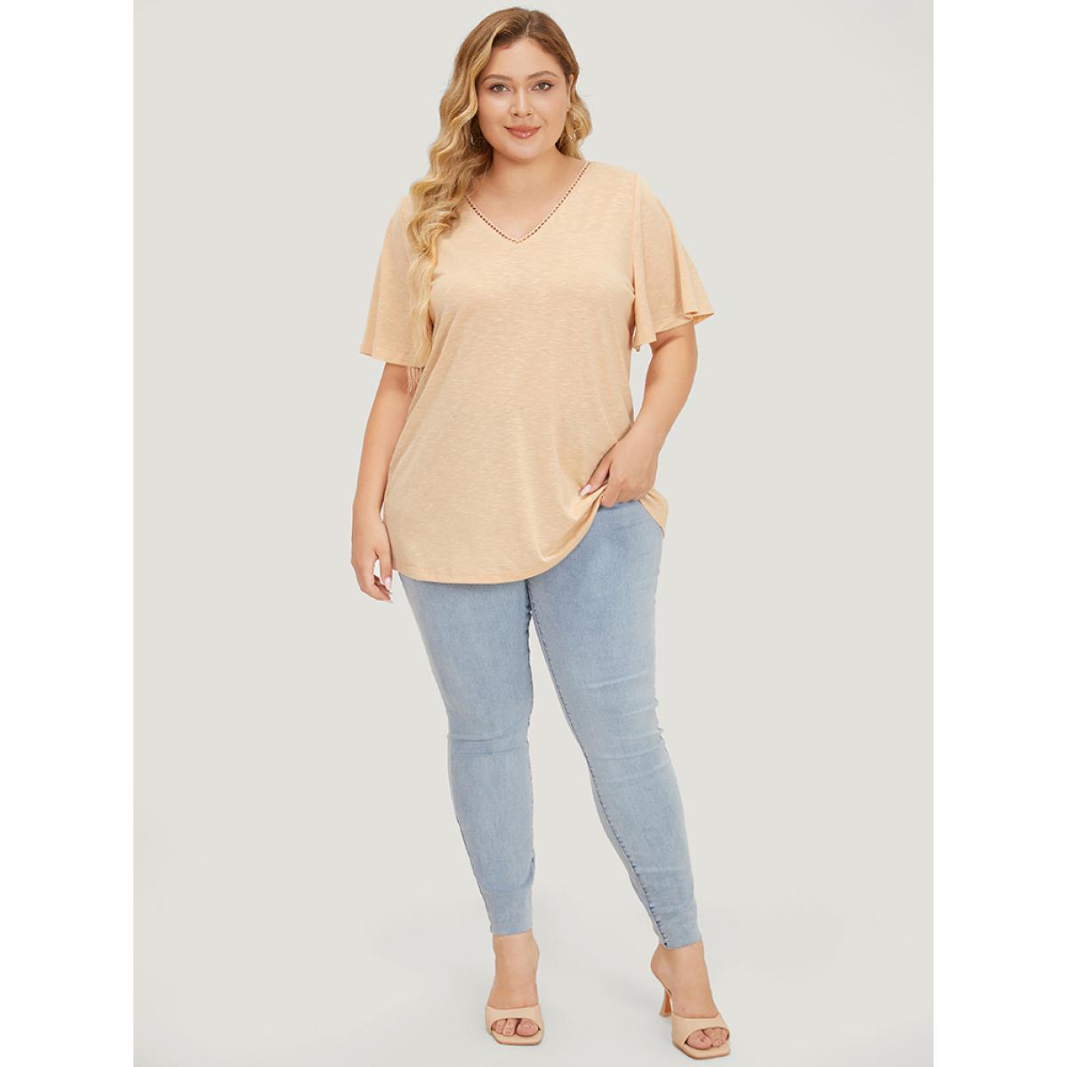 Plus Size Solid Heather Flutter Sleeve T-shirt LightBrown Women Elegant Heather Plain V-neck Dailywear T-shirts BloomChic 14-16/1X Product Image