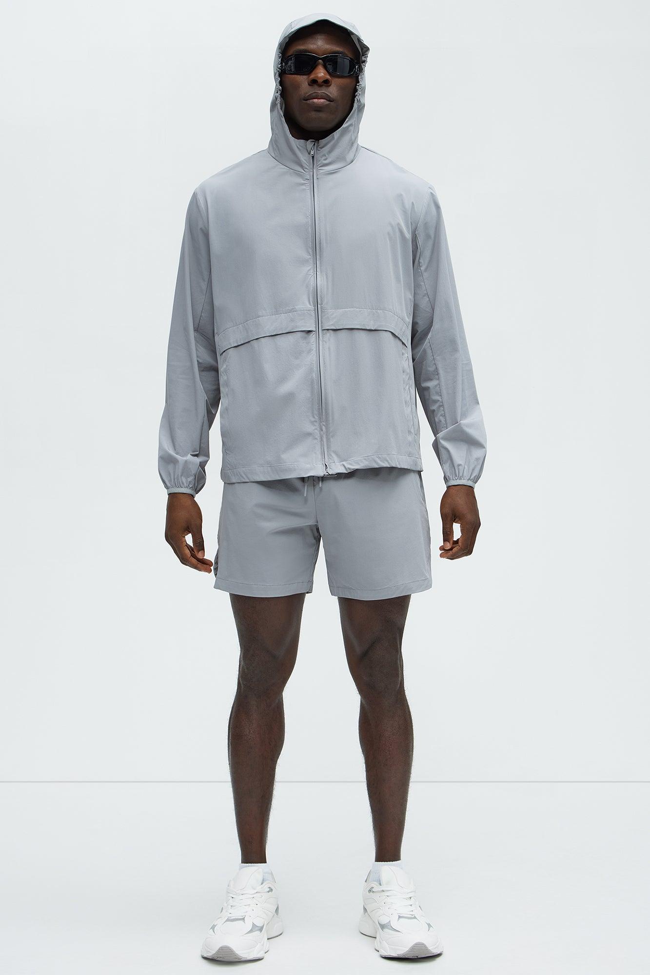 Lightweight Stretch Hooded Running Windbreaker Jacket - Grey Product Image