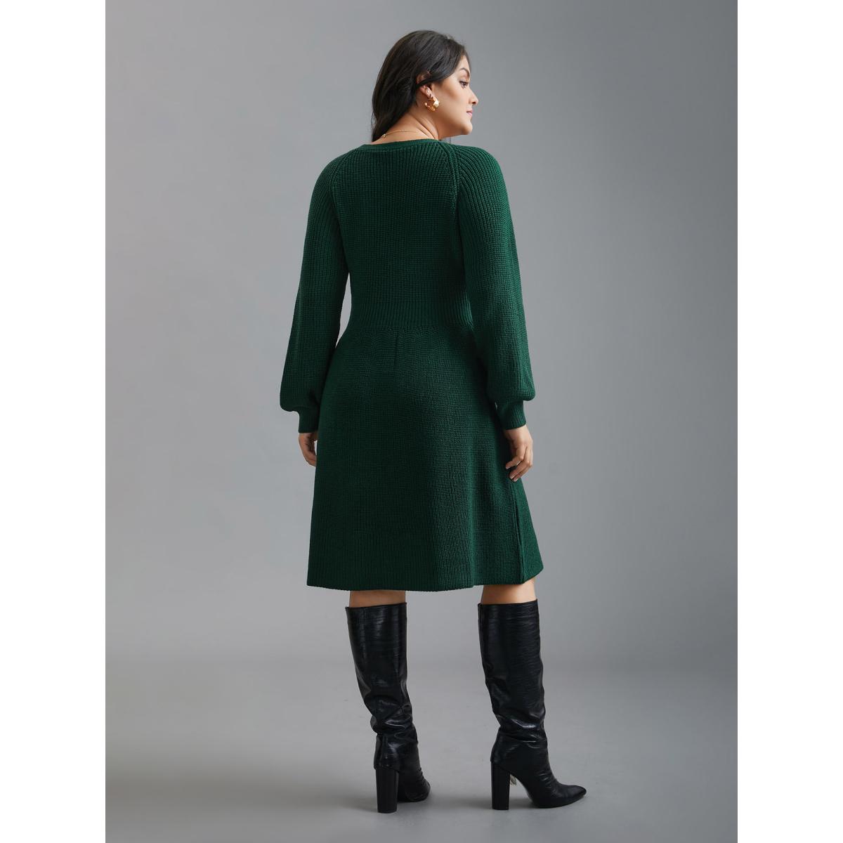 Plus Size Raglan Sleeve Textured Button Detailing Dress DarkGreen Women Elegant Bodycon Long Sleeve Everyday Sweater Dresses BloomChic 28/5X Product Image