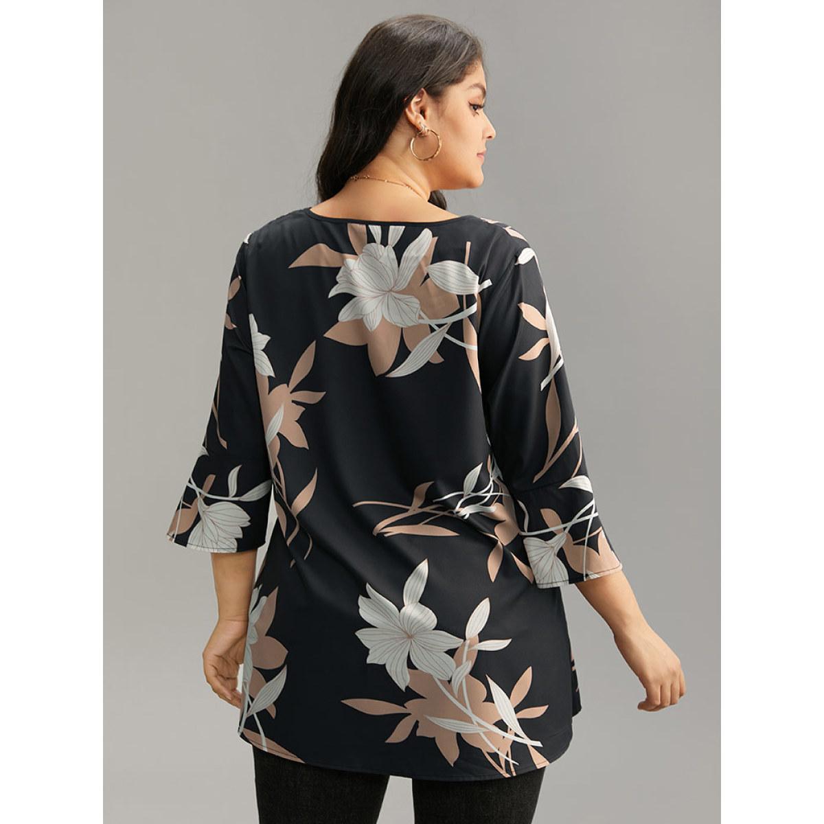 Plus Size Black Floral Print Bell Sleeve Asymmetrical Hem Blouse Women Elegant Elbow-length sleeve V-neck Dailywear Blouses BloomChic 14-16/1X Product Image