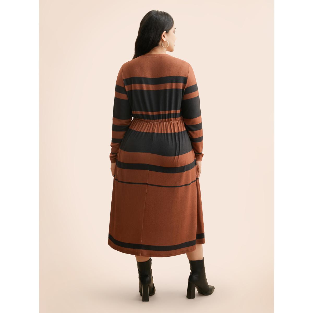 Plus Size Crew Neck Striped Patchwork Elastic Waist Dress Maroon Women At the Office Contrast Round Neck Long Sleeve Curvy BloomChic 30/6X Product Image