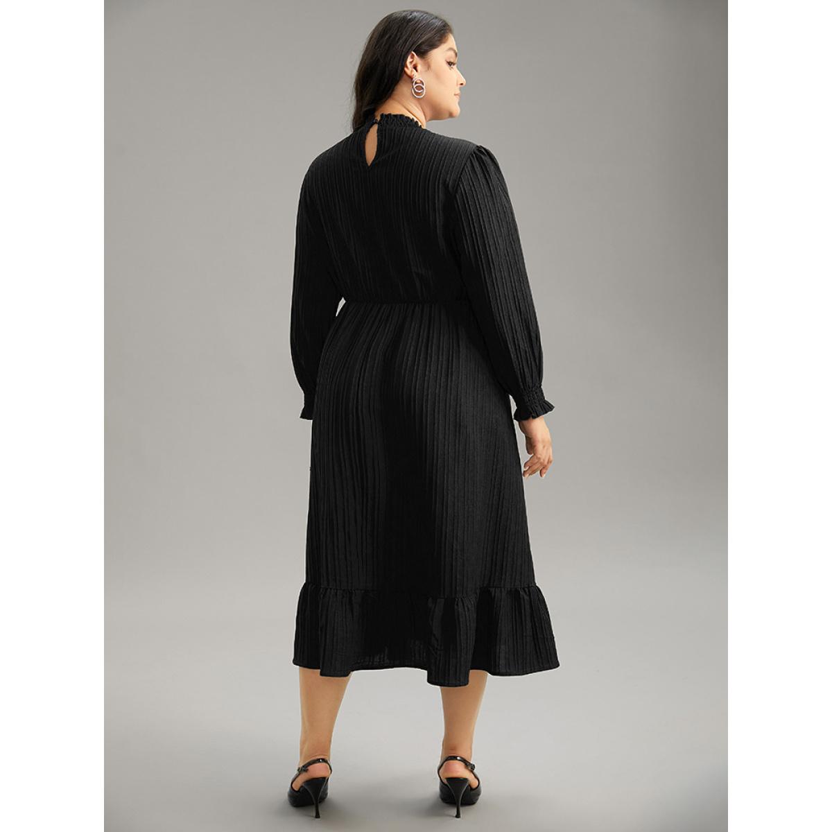 Plus Size Plain Texture Elastic Waist Frill Trim Shirred Dress Black Women Office Texture Mock Neck Long Sleeve Curvy Midi Dress BloomChic 30/6X Product Image