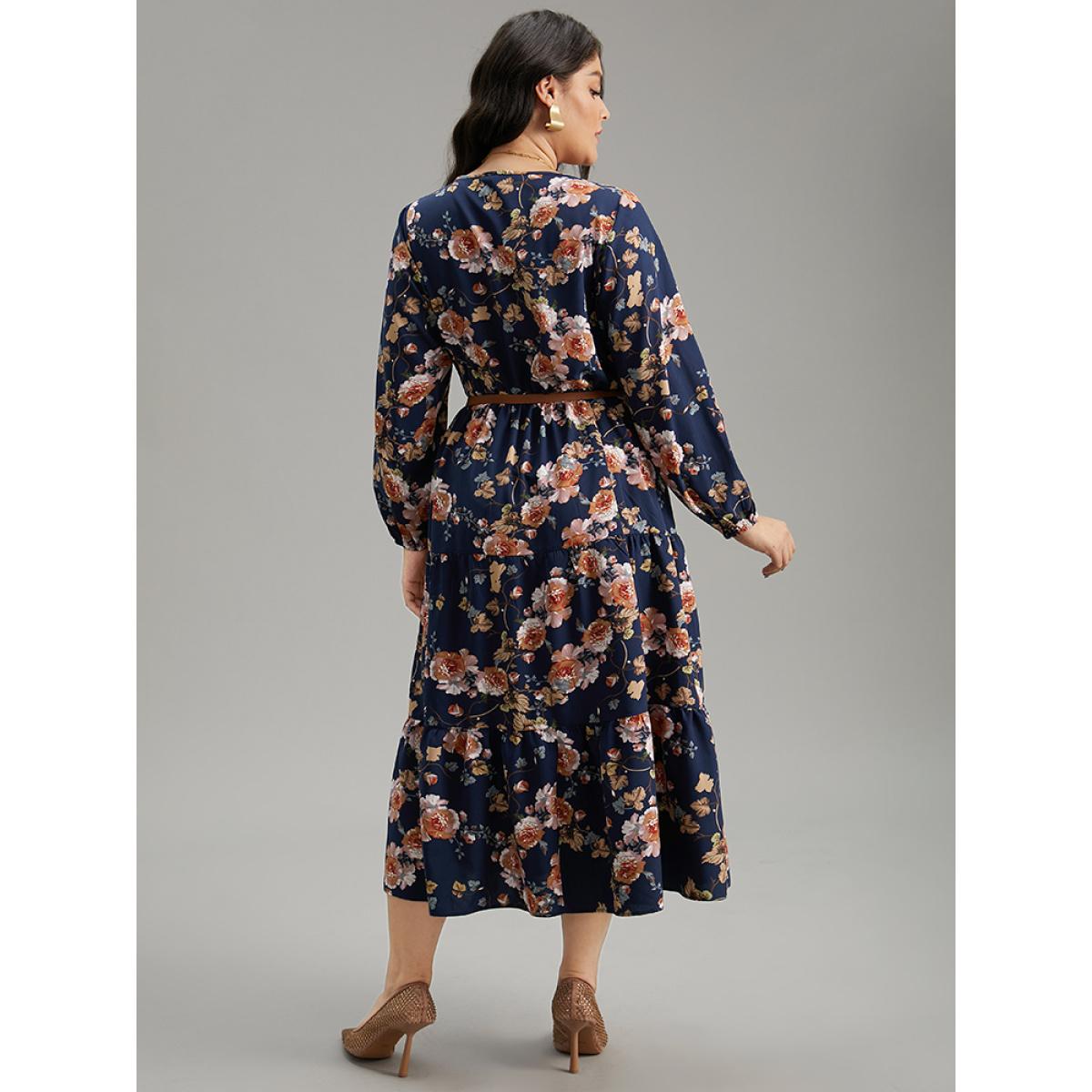 Plus Size Floral Print Pocket Elastic Waist V Neck Dress DarkBlue Women Elegant Elastic cuffs V-neck Long Sleeve Curvy Midi Dress BloomChic 12/L Product Image