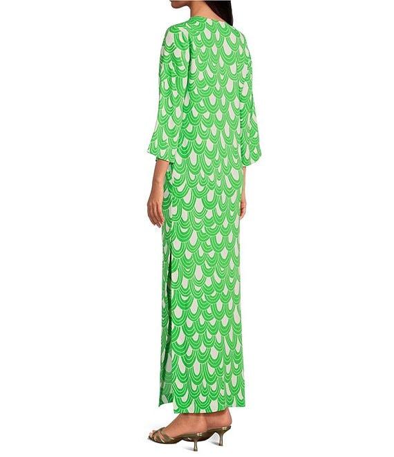 Trina Turk Catamaran Drape Print Lace-Up V-Neck 3/4 Sleeve Maxi Dress Product Image
