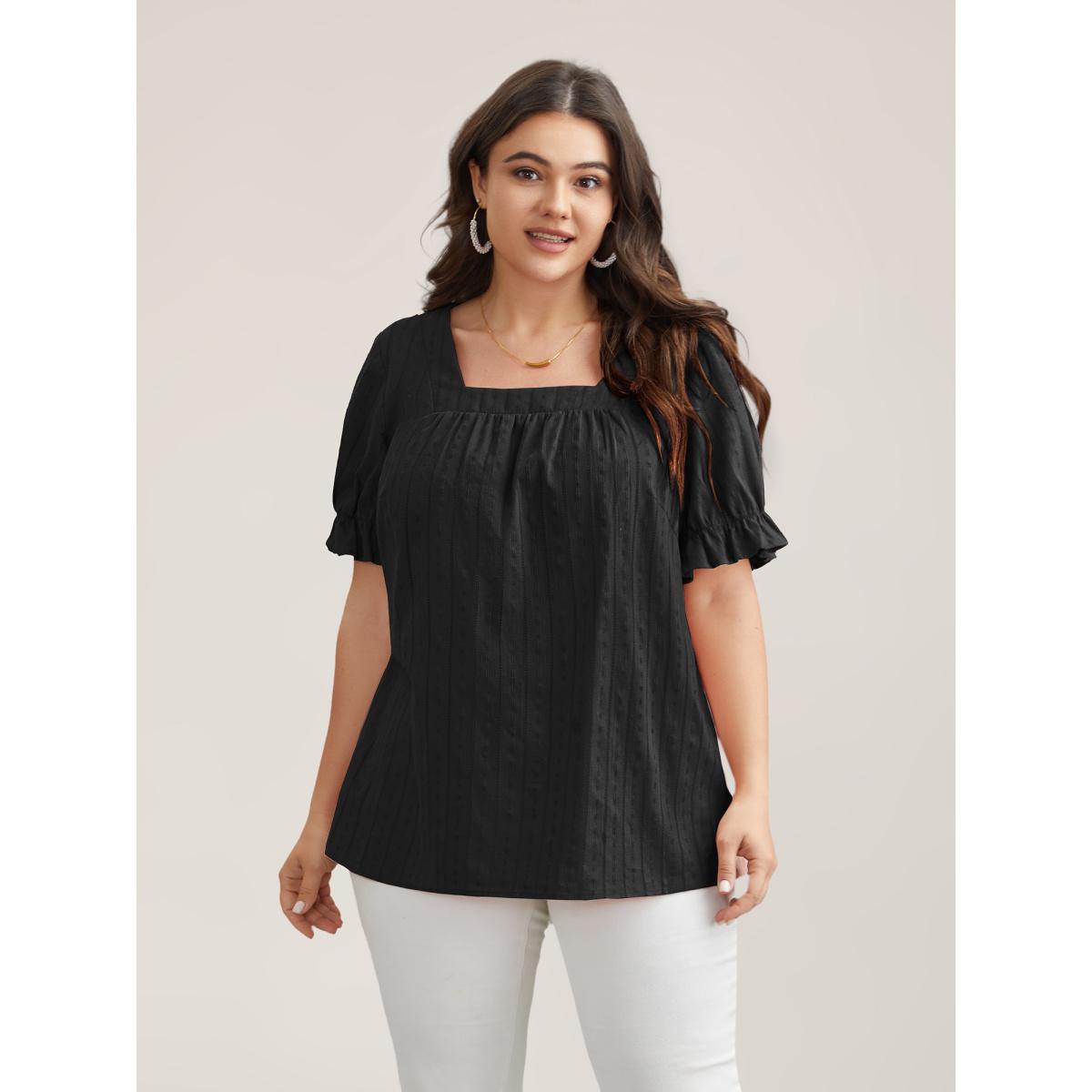 Plus Size Black Cotton Square Neck Ruffled Sleeve Shirt Women Timeless Short sleeve Square Neck Elegant Blouses BloomChic 18-20/2X Product Image