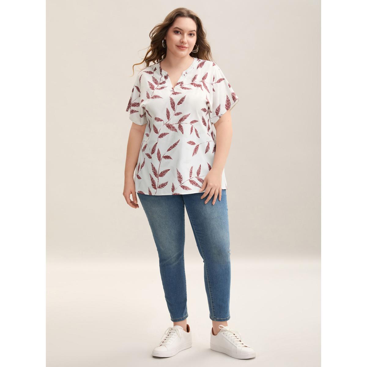 Plus Size WhiteSmoke Leaf Print Notched Collar Blouse Women Casual Short sleeve Flat collar with V-notch Everyday Blouses BloomChic 28/5X Product Image