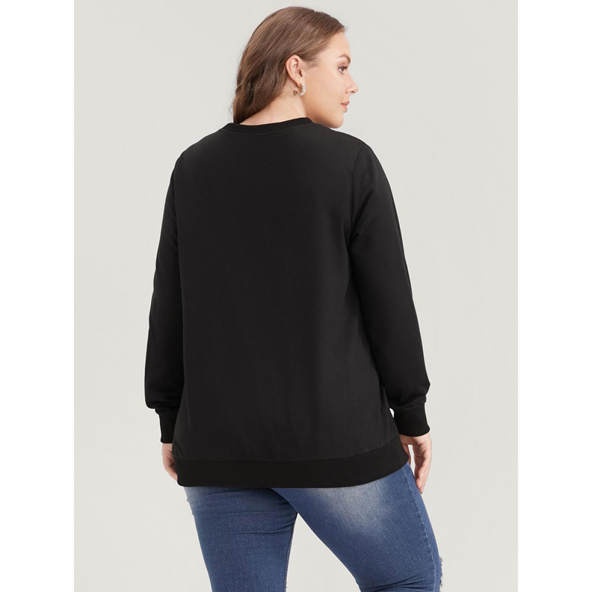 Plus Size Leopard Patchwork Round Neck Drop Shoulder Sweatshirt Women Black Casual Patchwork Round Neck Dailywear Sweatshirts BloomChic 10/M Product Image