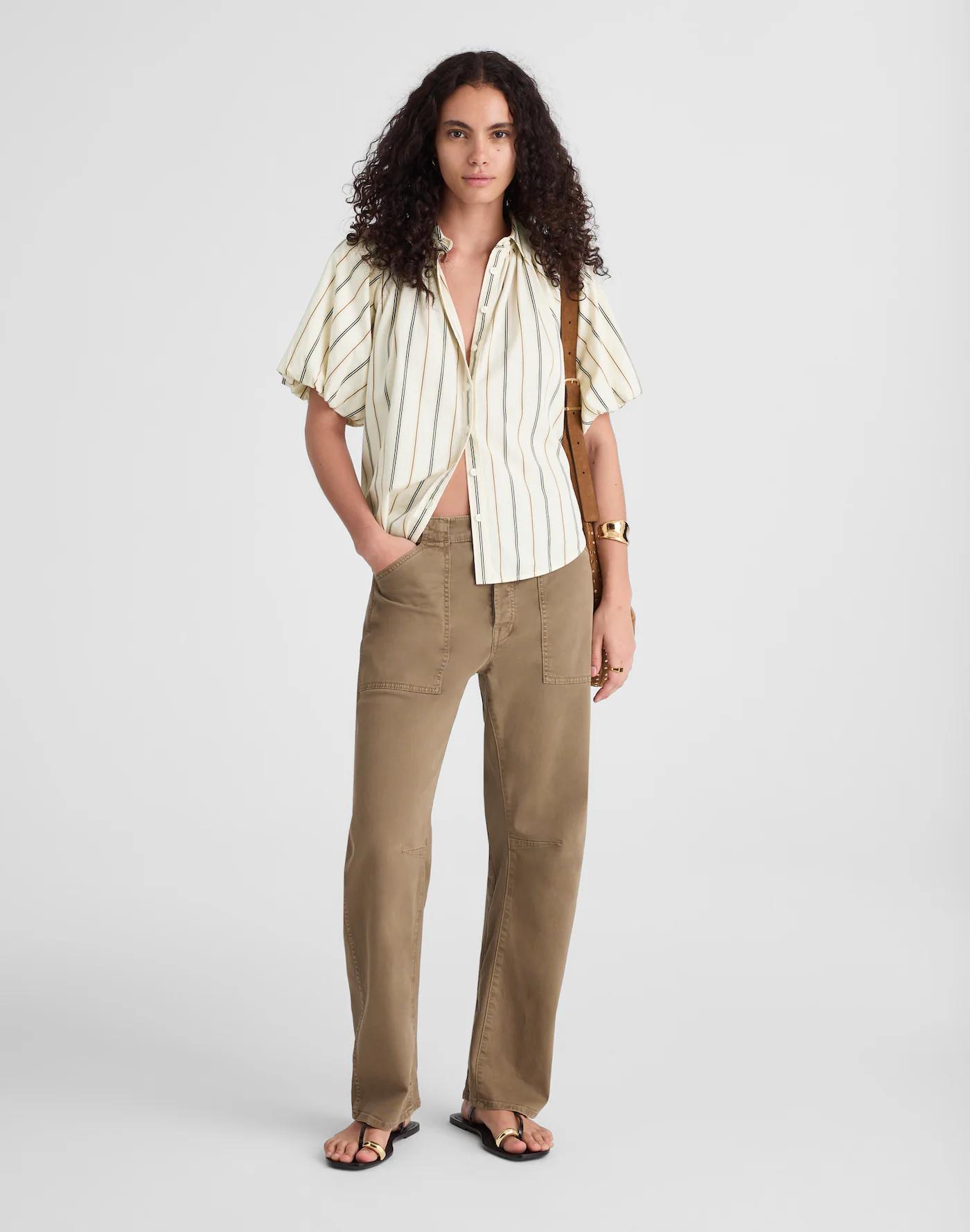 Shirred Bubble-Sleeve Button-Up Shirt in Poplin Product Image