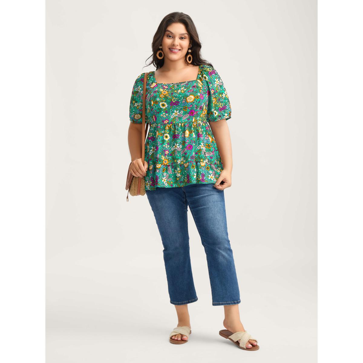 Plus Size Turquoise Floral Square Neck Fit and Flare Blouse Women Playful Short sleeve Square Neck Vacation Blouses BloomChic 28/5X Product Image