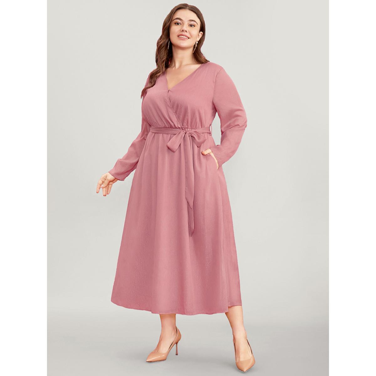 Plus Size Solid Pocket Belted Surplice Neck Midi Dress DustyPink Women Elegant Belted V-neck Long Sleeve Curvy Midi Dress BloomChic 10/M Product Image